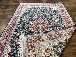 Pak Persian Rug 6x9, Floral Medallion, Dark Blue, Traditional Oriental Carpet, Handmade Wool Vintage Medium Size Rug, 240 KPSI