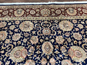 Sino Persian Rug 9x12, Wool Hand Knotted Vintage Oriental Carpet, Navy Blue Floral Allover, Traditional Room Sized 9 x 12 Rug