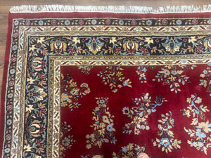 Indo Persian Sarouk Rug 10x14, Large Red and Navy Blue Carpet, Traditional Floral Wool Rug