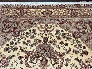 Vintage Sino Persian Rug 10x14, Room Sized Elegant Handmade Oriental Carpet 10 x 14, Floral Medallion Large Wool Rug with Silk Accents Beige