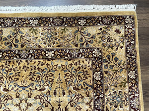 Pretty Indo Persian Rug 6x9, Allover Floral Motif with Birds, Tan/Cream, Very Fine Oriental Carpet, Hand Knotted Vintage Indian Wool Rug
