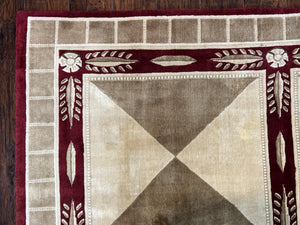 Indo Tibetan Rug 10x14, Nepali Carpet, Large Soft Wool Area Rug, Olive Tan Maroon, Contemporary Rug 10 x 14 ft Living Room Rug, Handmade Rug