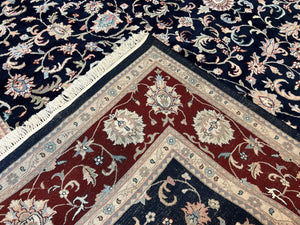 Indo Perisan Rug 9x12, Floral Allover, Midnight Blue and Dark Red Room Sized Carpet 9 x 12 ft, Hand Knotted Wool Vintage Indian Oriental Rug