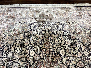 Silk Indian Kashmiri Rug 8x10, Floral Medallion, Indo Persian Carpet, Handmade Vintage Silk Rug