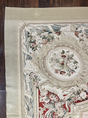 Large Aubusson Rug 11x17, Wool Handmade Vintage Carpet, Ivory Beige, French European Elegant Design, Palace Size Rug