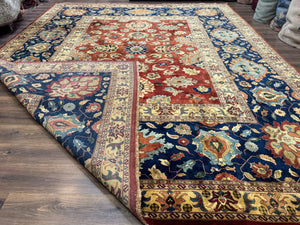 Palace Size Indo Persian Rug 12x15, Sultanabad Mahal Carpet, Red Navy Blue, Fine 210 KPSI