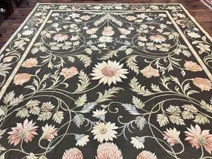 Large Needlepoint Rug 11x16, Dark Green Floral Elegant European Design Vintage Wool Handmade Carpet, Palace Size Rug