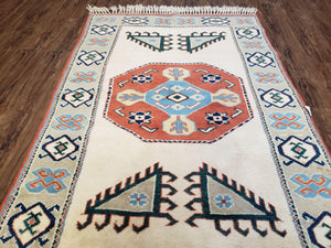 Vintage Turkish Rug 4x6, Beige Red Gray Carpet, Caucasian Design, Tribal Rug, Hand-Knotted, Boho Rug, Bohemian Home Decor