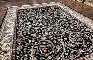 Black Pak Persian Rug 8x11, Floral Pattern, Hand Knotted Vintage Wool Rug with Silk Highlights, Fine 200 KPSI
