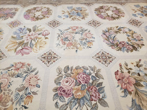 Needlepoint Rug 10x13 Vintage Carpet, Floral Panel Design, Beige, Multicolor Flowers, Handmade Hand Woven, Flatweave, No Pile, Wool