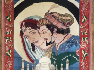 Vintage Small Pictorial Lovers Rug 2.5 x 4, Taj Mahal Indo Persian Rug, Wool Hand-Knotted Indian Rug, King & Queen, Layla and Majnun