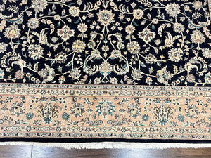 Pak Persian Rug 8x11, Fine Floral Allover Oriental Carpet 8 x 11 ft, Dark Blue and Pink, Room Sized Wool Vintage Rug, Hand Knotted Rug