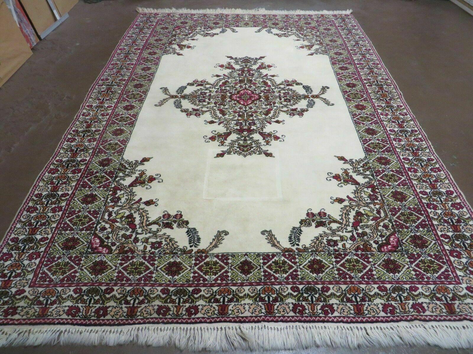 7x10 Moroccan Rug, Open Field Medallion, Berber Carpet, Hand Knotted Soft Wool Area Rug, Cream Color Background, Vintage Rug, Room Sized Rug
