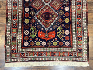 Persian Afshar Tribal Rug 5x6, Geometric Pattern, Navy Blue Multicolor Antique Vintage Persian Carpet, Hand Knotted Handmade Wool Rug