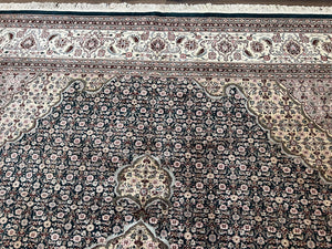 Sino Persian Rug 9x12, Dark Green and Ivory, Medallion, Mahi Herati, Elegant Oriental Carpet, Wool Hand Knotted Traditional Room Sized Rug