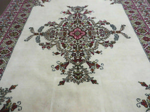 7x10 Moroccan Rug, Open Field Medallion, Berber Carpet, Hand Knotted Soft Wool Area Rug, Cream Color Background, Vintage Rug, Room Sized Rug