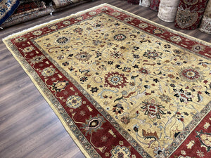 Indo Persian Mahal Rug 8x12, Wool Hand Knotted Oriental Carpet, Light Gold and Burgundy, Floral Allover, Vintage Room Sized Area Rug 8 x 12