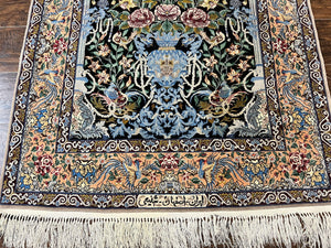 Wonderful Persian Isfahan Rug 3.7 x 5, Kork Wool on Silk Foundation, Very Fine 460 KPSI, Tree of Life Persian Vase Design Animal Pictorials Peacocks