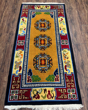Vintage Chinese Art Deco Rug 3x6, Orange Dark Blue Maroon Chinese Peking Carpet, Asian Oriental Wool Rug, Bold Colors, Bedroom Rug, Hallway