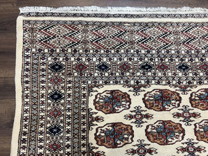 Pakistani Bokhara Rug 8x10, Wool Turkoman Carpet, Ivory/Cream