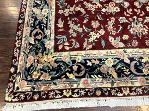 Indo Persian Rug 8x10, Floral Allover with Bird Pictorials, Maroon and Navy Blue, Handmade Wool Area Rug