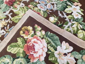Floral Needlepoint Rug, Medium Rug, Vintage Area Rug, Handmade Flat Weave Rug, Dark Brown Rug, Multicolor Large Colorful Flowers, 6x8