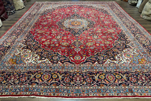 Large Persian Kashan Rug 11x14, Traditional Persian Carpet, Wool, Fine 250 KPSI, Red Navy Blue