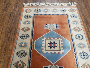 3x5 Handmade Vintage Turkish Area Rug Wool Kazak Carpet 3'1"x4'5" Red Beige