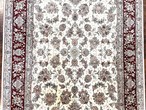 Pak Persian Rug 6x9, Floral Allover Carpet 6 x 9 ft, Cream and Maroon Hand Knotted Wool and Silk Fine Oriental Rug, Traditional Vintage Rug