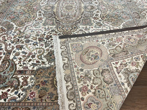 Sino Persian Rug 9x12, Wool on Silk Foundation Hand Knotted Ivory Vintage Carpet, Birds Design, Very Fine Room Sized Floral Oriental Rug