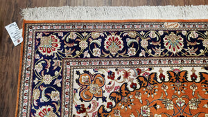 Vintage Persian Qum Silk Rug 4.6 x 6.7, Burnt Orange and Navy Blue, Antique Oriental Very Fine Signature Master Weaver 350+ KPSI Ghom Qom 5x7 Rug