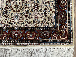 Fine Sino-Persian Silk Rug 3x5, High Quality Silk Carpet, Handmade Small Silk Rug, Allover Repeated Motif, Tan Maroon Blue Vintage Silk Rug
