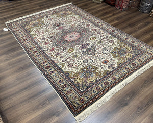 Turkish Sivas Rug 7x9, Vintage Wool Hand-Knotted Carpet, Ivory Cream Purple Tan, Floral Medallion Rug, Fine Oriental Carpet, Medium Size Rug
