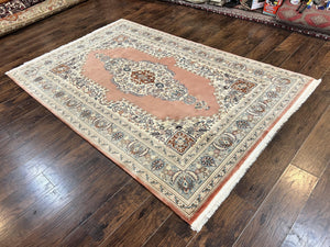 Indo Persian Rug 6x9, Semi Open Field Medallion Rug, Vintage Hand Knotted Wool Oriental Carpet, Traditional Rug, Light Pink, Medium Size