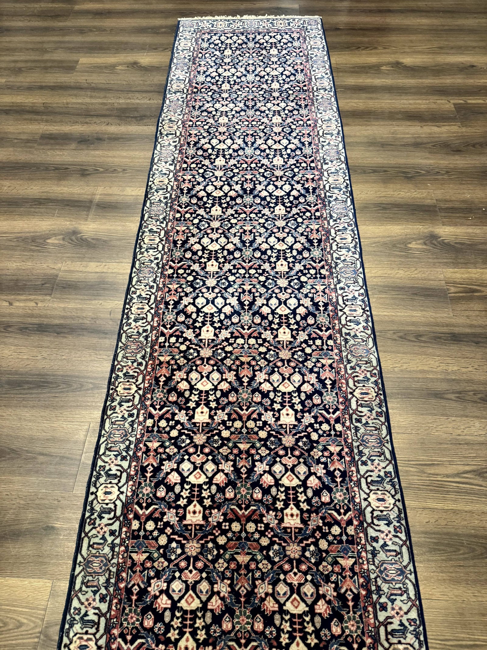 Indo Persian Runner Rug 2.8 x 12, Navy Blue, Floral, Fine 270 KPSI