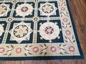 Vintage Chinese Needlepoint Rug 6x9, Panel Design Area Rug Wool Hand-Woven Black & Ivory Carpet Flat Weave Bedroom Rug 6 x 9 Living Room Rug