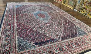 Indo Persian Bidjar Rug 8x11, Herati Mahi Pattern, Red Navy Blue, Handmade Vintage Wool Carpet