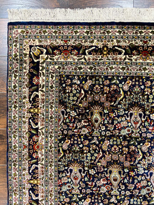 Silk Indian Kashmiri Rug 5x7, Navy Blue Indo Persian Silk Carpet 5 x 7 ft, Hand Knotted Handmade Very Fine Oriental Carpet, 450 KPSI, Birds
