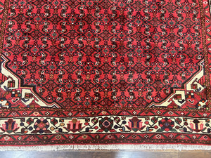 Persian Tribal Rug 7x10, Wool Handmade Semi Antique Vintage Hamadan Dargazine Carpet, Red & Ivory Allover Floral Medallion Rug, 7 x 10 Room Sized Oriental Rug