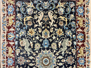 Wonderful Persian Isfahan Rug 2.4 x 4, Animal Pictorials Deer, Floral, Handmade Vintage Navy Blue Small Persian Carpet, Very Fine 430 KPSI Kork Wool