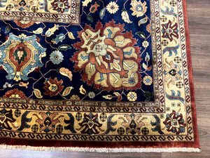 Palace Size Indo Persian Rug 12x15, Sultanabad Mahal Carpet, Red Navy Blue, Fine 210 KPSI