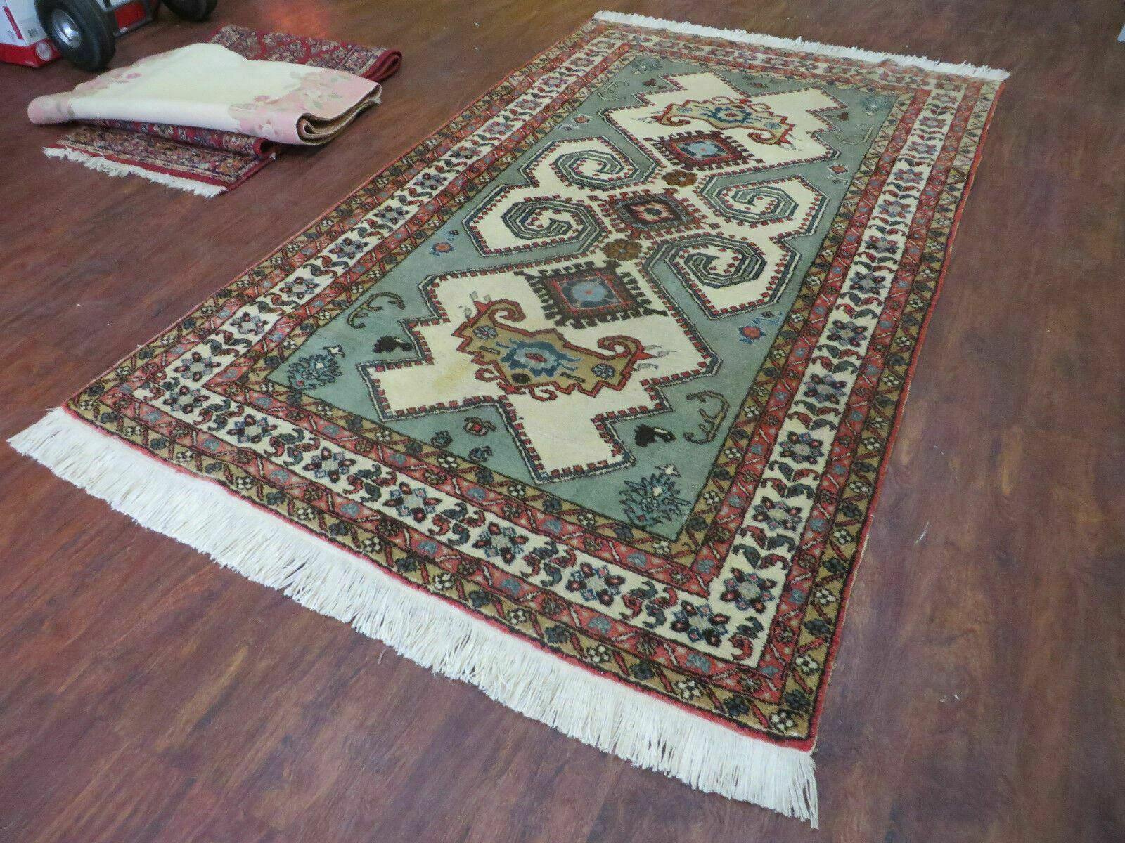 4' X 7' Vintage Handmade Knotted Rug India Caucasian Wool Soft Green Organic