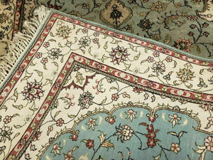 Silk Turkish Kayseri Rug 3x5, Light Mint Green and Ivory, Vintage Fine Silk Hand Knotted Oriental Carpet 3 x 5 ft, Floral Medallion, Nice