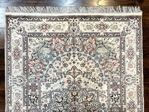 Silk Indian Kashmiri Rug 4x6, Handmade, Ivory, Fine 240 KPSI