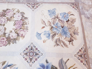 Needlepoint Rug 10x13 Vintage Carpet, Floral Panel Design, Beige, Multicolor Flowers, Handmade Hand Woven, Flatweave, No Pile, Wool