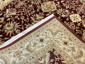 Vintage Indo Mahal Rug 8x10, Hand Knotted Wool Maroon & Beige Indian Agra Oriental Carpet, 8x10 ft Traditional Handmade Area Rug, Room Sized