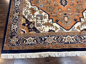 Indo Heriz Rug 6x8, Wool Hand Knotted Vintage Oriental Carpet, Orange-Red Ivory & Navy Blue, Medallion Rug, Handmade Indo Persian Rug