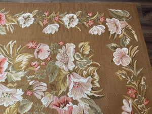 Large Needlepoint Rug 11x14, Vintage Floral Wool Carpet, Caramel