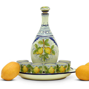 LIMONCELLO: Limoncello Set with Blue trimmings - Bottle with stopper and Tray and 6 Shot Glasses -  (Limoncello liquor not included)