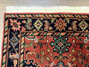 Indo Persian Heriz Runner Rug 2 x 12 ft, Hand Knotted Wool Hallway Rug, Red & Black
